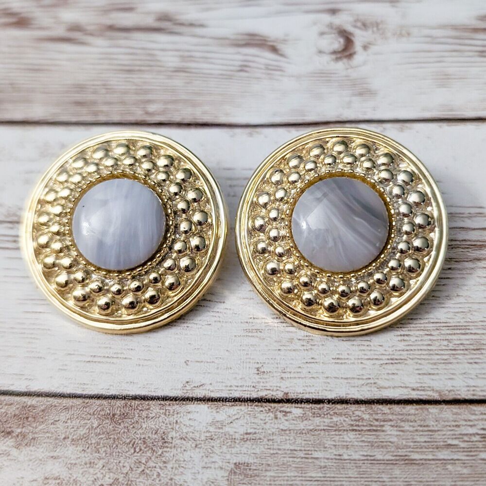 Vintage Clip On Earrings Stunning Statement Gold Tone with Unusual Center 1.25"
